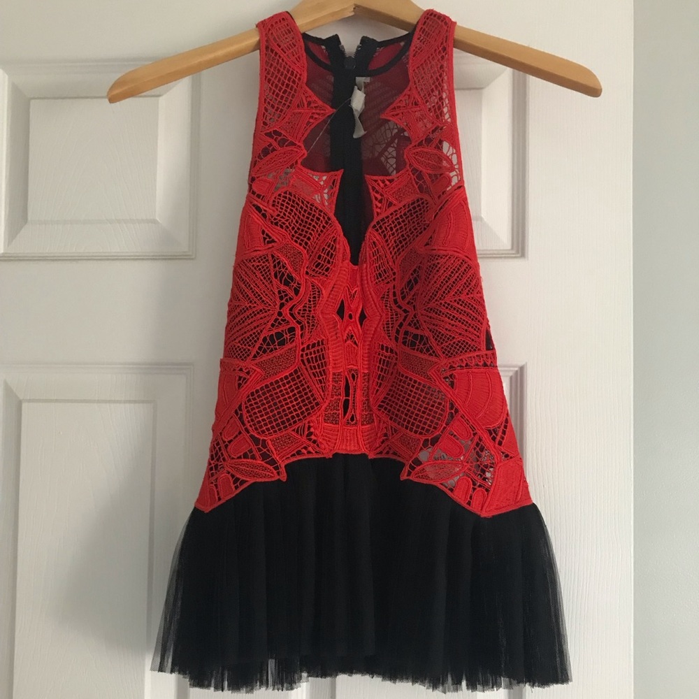 NWT Jonathan Simkhai Red & Black Tulle Top - Sz. 0
